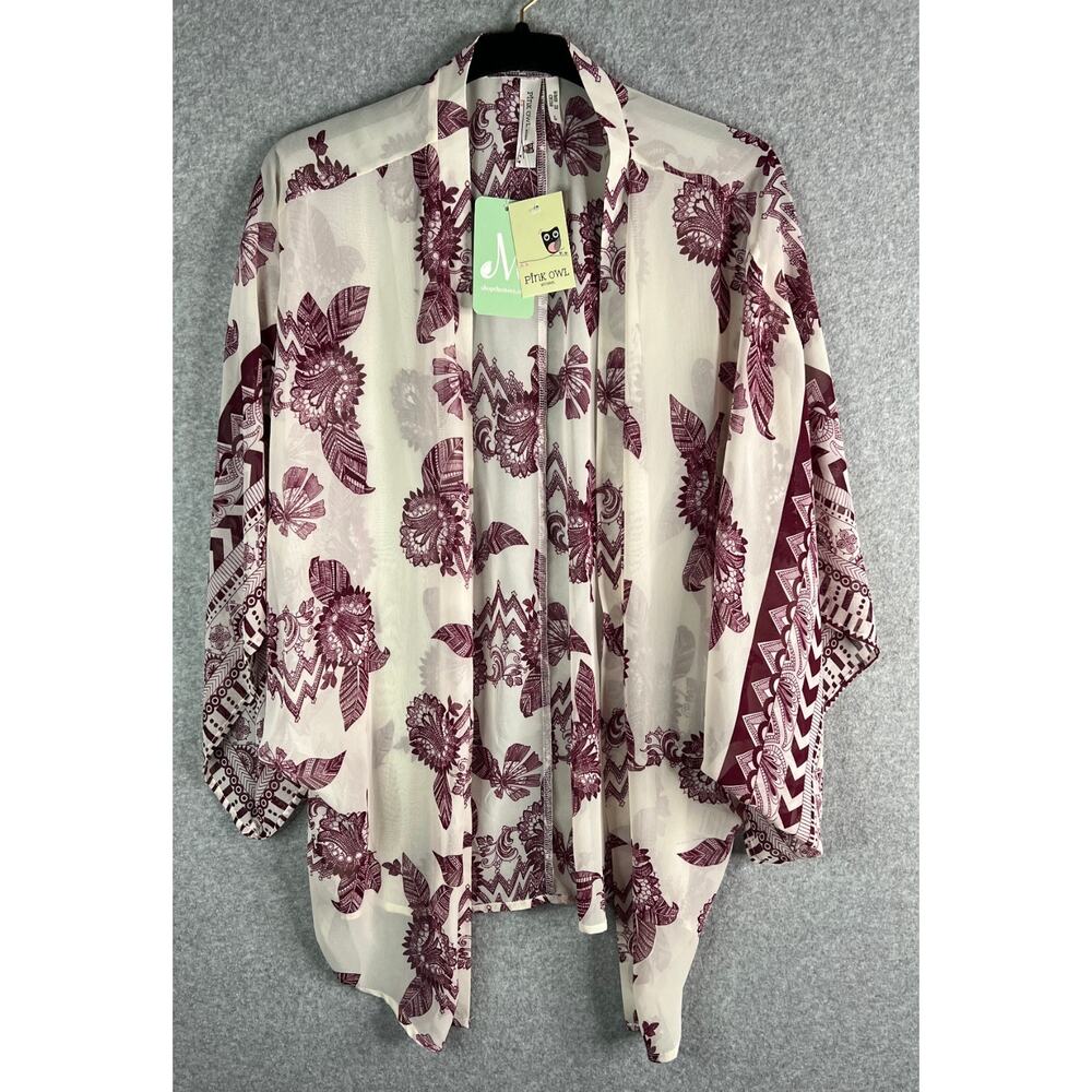 FLORAL Pink Owl Brand Kimono Shawl Wrap Cream & Burgundy Boho Lightweight NWT